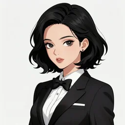 slim beautiful killer girl in tuxedo with black wavy bob hair, elegant, 2d, ultra highly detailed, digital painting, smooth, sharp focus, artstation, black and white art by Tsutomu Nihei