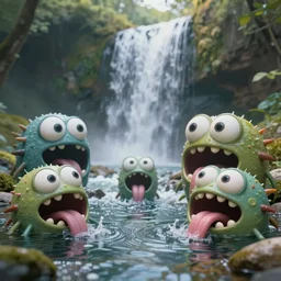 of waterfall by a stream with strange cute friendly happy creatures with huge eyes, mouth, long tongue and round teeth appearing from the water, in the style of gehry and gaudi, macro lens, shallow depth of field, highly detailed, digital painting, trending artstation, concept art, illustration, cinematic lighting, vibrant colors, photorealism, epic, octane render