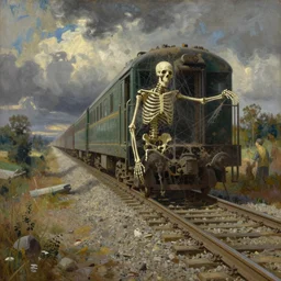 painting by dean cornwell, ilya repin, nc wyeth painting, dusty cobweb skeleton!!!!!!!!!!!! at the rail road, train track!!!!!!!!!!, rails, train!!!!