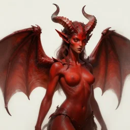 ''red demon girl with red skin and large horns and bat wings, diffuse lighting, fantasy, intricate, elegant, highly detailed, lifelike, photorealistic, digital painting, artstation, illustration, concept art, smooth, sharp focus, naturalism, trending on byron's - muse, by greg rutkowski and greg staples and alphonse mucha