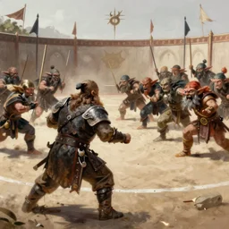 painting of a single dwarven berserker facing a crew of crazy goblin warriors in deadly combat on a gladiator pit, sharp focus, high symmetry, award - winning, trending on artstation, masterpiece, highly detailed, intricate. art by seb mckinnon