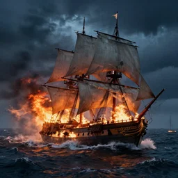 an epic naval battle fought in the 1600s on a stormy night with ships burning, high detail, high definition, photorealistic, 8k