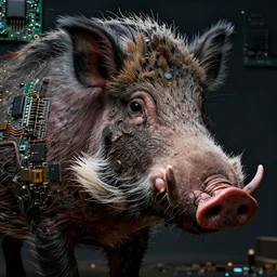 beauty woman mixed with a warthog,  detailed face, Complex electronics and motherboards in the background, very detailed, dramatic lighting, electrical details, high details, 4k, 8k, trending on artstation, by Greg Rutkowski, Wayne Barlowe, Hajime Sorayama and Boris Vallejo