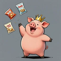 trippy comic art of a obese pig wearing a gold crown throwing snack bags into the air, drawn by mike judge, colors by lisa frank, unstirred paint, vivid color, cgsociety 4K