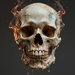 a melting dripping human skull. burning water distortions. intricate abstract. intricate artwork. by tooth wu, wlop, beeple, dan mumford. octane render, trending on artstation, greg rutkowski, very symmetrical artwork. cinematic, hyper realism, high detail, octane render, 8 k, depth of field, bokeh. iridescent accents, teal, bronze