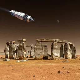 stonehenge on mars with space and spaceship in the background