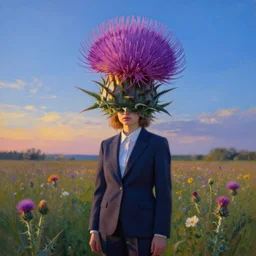 portrait, enormous thistle flower under head, a girl in a suit in a field of flowers, surreal photography, sunrise, blue sky, dramatic light, impressionist painting, digital painting, artstation, simon stalenhag