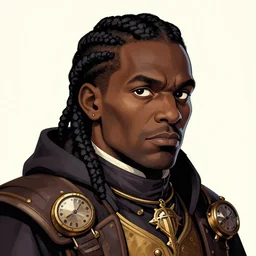 a detailed portrait illustration of a steampunk sorcerer - priest. rugged black male face. fat, cornrows. art nouveau, pop art, comic book style. influenced by neil gaiman, h. p. lovecraft, dan mumford, osborne macharia, vadim voitekhovitch, killian eng, ross tran.