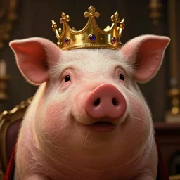 porky pig wearing a crown, cinematic lighting, film still