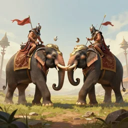 matte painting of a beautiful fight scene of two warloads ride on their war - elephents in the center of the scene, digital art, trending on artstation