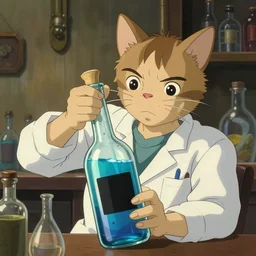 a scientist cat filling a bottle with iridescent blue liquid, black squared sticker on the bottle, art by studio ghibli and j. c. leyendecker and greg rutkowski and artgerm and aenaluck, portrait, d & d, fantasy, highly detailed, digital painting, headshot, trending on artstation, concept art, sharp focus