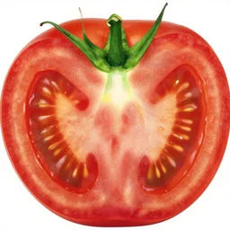 a perfect portrait of a cross section of a tomato with tiny humans burrowing wormlike through its juicy interior. macro extreme, eye popping wet colours.