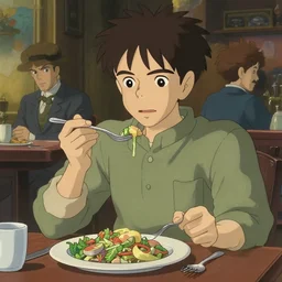 attractive male eating lunch, in the style of studio ghibli, j. c. leyendecker, greg rutkowski, artem