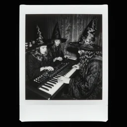 black and white realistic detailed polaroid photograph of witches worshipping a synthesizer