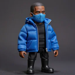 a hot toys figure of kanye west using a black face - covering mask made of cloth with small holes, a blue puff undersized round jacket, a black shirt underneath and black rubber boots, figurine, detailed product photo