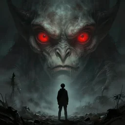 a man standing in front of a giant monster with red eyes, concept art by guillermo del toro, trending on artstation, fantasy art, lovecraftian, ominous, artstation hq