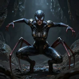 creepy matte painting of an armored woman with spider legs with arms out in a ready to attack pose in a dark cave, ( ( spiderwoman ) ), human arms, ultra detailed, monster, human face, glowing eyes, creature design, concept art, 8 k, moody lighting, muted colors, blue tone light, dramatic lighting realistically proportioned body, organic armor,