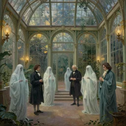 a beautiful painting, filled with eerie ghosts of famous inventors, inside a large overgrown victorian greenhouse with large windows, warm lights, evening, stunningly beautiful art nouveau architecture, illustration by john atkinson grimshaw
