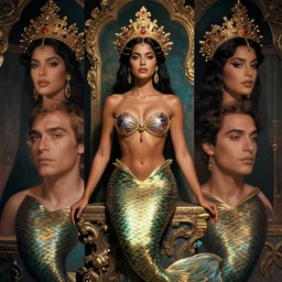 vintage portrait of modern mermaid queen, zoom, rule of thirds, atmosphere, intricate, regal, latinas, ( brown skin ), symmetrical!!, loreal, maybelline, sephora, loreal, artstation, art by michael william kaluta and jose tapior y baro, ( ( cinematic ) ), concept art, filmic, vsco