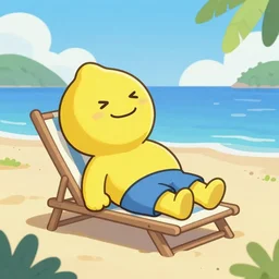 lemonman cartoon character is relaxing on a beach, inspired by dalle 2 generations.
