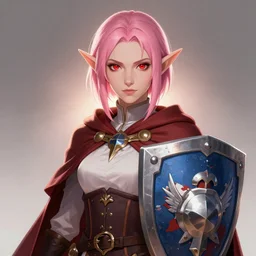 beautiful, pink short haired, half elf woman, healer wearing cleric clothing and holding a shield, dungeons and dragons, character portrait, full face render, crimson eye color, illustration drawing, cell shaded, anime style 4 k, 8 k, hyper detailed, back lighting
