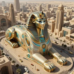 an aerial scene of the beautiful intricate epic futuristic cybernetic sphinx in a pharaoh city, hyper detailed, cinematic lighting