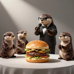 Weird Al conducting a band of otters with a hamburger