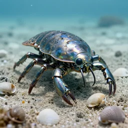 shiny robot exoskeleton with a shell inspired by isopods walking across the ocean floor collecting shells, real life, photography, national geographic