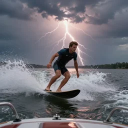 a man barefoot waterskiing behind a boat, 8 k, by tristan eaton, stanley artgermm, tom bagshaw, greg rutkowski, carne griffiths, trending on deviantart, hyper detailed, glorious lighting, dramatic lightning