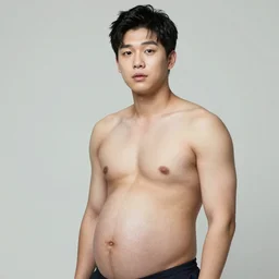 Young male Korean protagonist shirtless with a big pregnant, ultrarealistic, 8k