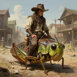 A very highly detailed cowboy wizard with spellbooks chained to his belt with very highly detailed face riding on a giant grasshopper on the street of a very highly wild west town digital rational painting art by Greg Rutkowski, sci-fi highly detailed, digital concept art, sharp focus, realistic concept art by Stephen Hickman and James Gurney and Hiromasa Ogura Ghost in the Shell rendered in Octane Render, From the distance