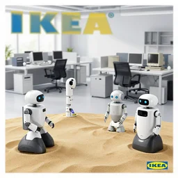 IKEA catalogue photo of an office with robots, sand and old computers by Beksinski