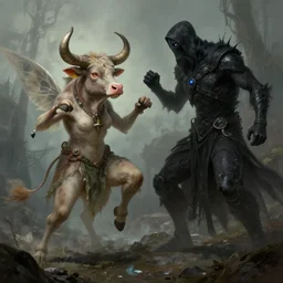 fairy cow!! fighting a reaper from mass effect! by gerald brom, by mikhail vrubel, by peter elson, muted colors, extreme detail, trending on artstation, 8 k