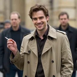portrait of beautiful jean dujardin as the artist, smiling thief, with a light brown trench coat and a cigarette, in dresden files movie, hd, by artgerm and edgar maxence and rob rey