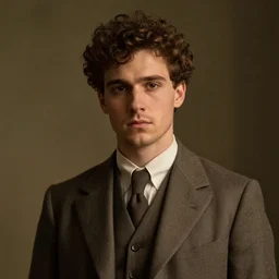 portrait painting of a young man of 3 0, with curly brown hair, wearing a plain suit, short hair, journalistic, looked gaunt, handsome, confident, and poorly shaven unreal render cinematic lighting art 1 9 2 0 period drama by bussiere rutkowski andreas rocha