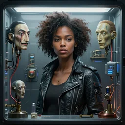 a beautiful african american young woman, Blade runner artifacts, electronic case display, cyberpunk tech, ultrarealistic, futuristic, three point lighting, dramatic lighting, electrical details, high details, 4k, 8k, best, accurate, trending on artstation, artstation, photorealism, ultrarealistic, digital painting, style of Wayne Barlowe, Caravaggio, Dali, Boris Vallejo, Hajime Sorayama