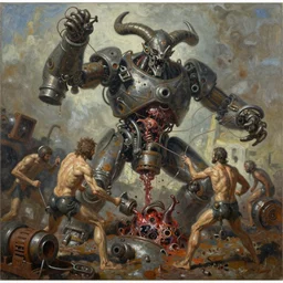 oil paint of flayed god machines battle goliath machine, whipping catarrh blood turbines, hydrocracking battles, rusted, macerated metal, all metal, eviscerated by fimbria wires, bicornate fungal pit, rotting, by alberto bontempi, alex ross, shigeru komatsuzaki, wayne d barlowe, alex ross, stefano tamburini