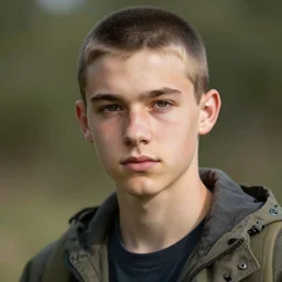 attractive male teenager buzz cut hunter eyes high - quality highly detailed photo realistic 8 k