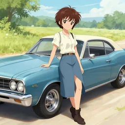 portrait of daisy from dukes of hazzard next to the general lee car, trending on pixiv artstation by greg rutkowski