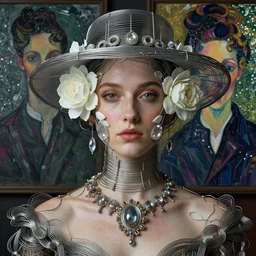 a beautiful Futuristic portrait with hat made by wires and white flowers twisted around her face ,necklace made by wires ,design by Leonardo DaVinci , inspired by egon schiele ,modern art,baroque art jewelry , new classic,hyper realistic,cinematic composition,cinematic lighting,fashion design, concept art, hdri, 4k -