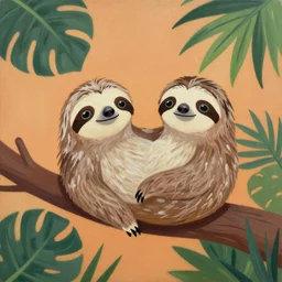 a cute sloth on a branch, tropical, warm colors, bauhaus style award winning painting