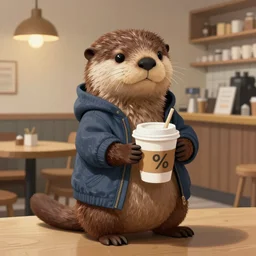 anthropomorphic furry otter wearing cool clothes in a coffee shop, trending on art station, furaffinity, antov fadeen, painting