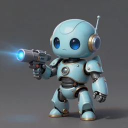 cute little robot with a plasma machine gun, tiny, small, miniature , short, pale blue armor, cute and adorable, pretty, beautiful, DnD character art portrait, matte fantasy painting, DeviantArt Artstation, by Jason Felix by Steve Argyle by Tyler Jacobson by Peter Mohrbacher, cinematic lighting