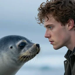 arctic seal and beautiful man with brown curly hair, high cheek bones, small nose and blue eyes staring into each others eyes, side profile view, high detail, cinematic, realistic digital art