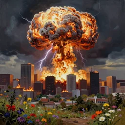 mushrooom cloud from a nuclear explosion in a burning city, skyscrapers and large buildings, seen from a hilltop with colorful flowers and grass in the foreground, highly detailed, cinematic, digital art, dramatic lightning, cgssociety, artstation hq, 8 k, hyperrealistic, oil painting by greg rutkowski, by artgerm, by wlop