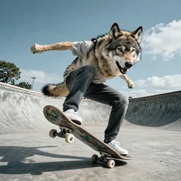 an album cover featuring a skateboarding wolf