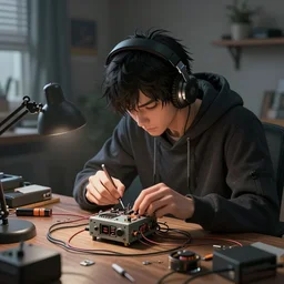 an intricate concept art illustration of a man wearing a hoodie with headset, repairing a tiny machine on his table, anime style, bedroom vibe, style of ivan talavera and artgerm, hyper realistic, photo - realistic, octane render, artstation, cgsociety, cinematic light