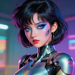 beautiful anime female android portrait with sci - fi makeup, chromatic skin, retro armor, eighties look, beautiful lights, vintage look, depth of field, gradients, hyper realistic, illustration, airbrush, 8 k, intricate, duo tone, art by david la chapelle and philip castle, artgerm