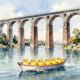 city bay bridge aqueduct, colorful watercolor. by rembrandt, ralph mcquarrie, escher aluminum, cast iron, rubber ducks in small rowboat, 1 6 6 7