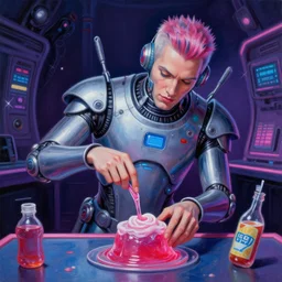 a photorealistic highly detailed painting of a cybercore 1 9 9 0's game show host making jelly by johfra bosschart, lisa frank, kinkade, visionary art, dark fantasy art, high detail, trending on artstation